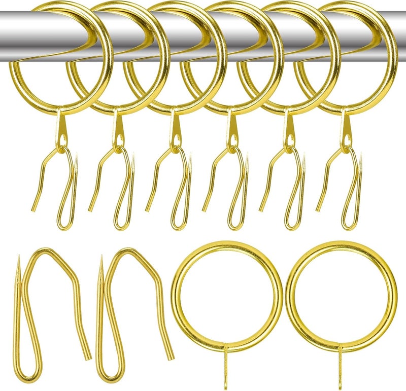 KAHIT Curtain Hooks for Drapes Curtain Rings with Hooks Black Curtain Rings Curtain Pin Hooks Bathroom Curtain Hooks for Wall Drapery Pins Curtain Rod Rings Matte Metal Curtain Hooks (30, Gold) - Image 1