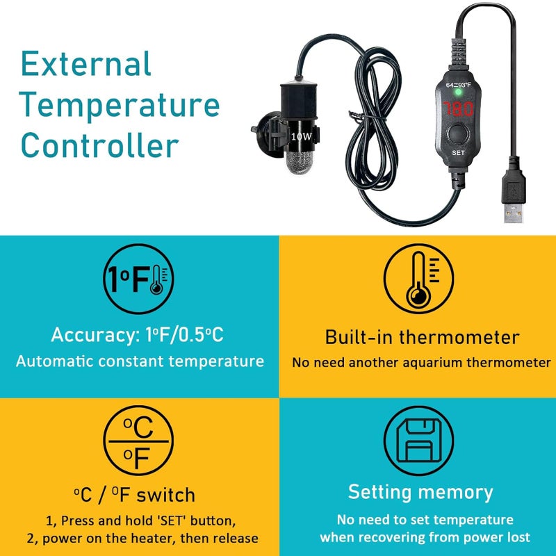 auomii Mini Submersible Aquarium Heater, 25/50/100/150/200/300 Watts Adjustable Fish Tank Heater, Built-in Thermometer, External Temperature Controller, Smart Memory (10 Watts(USB)) - Image 5