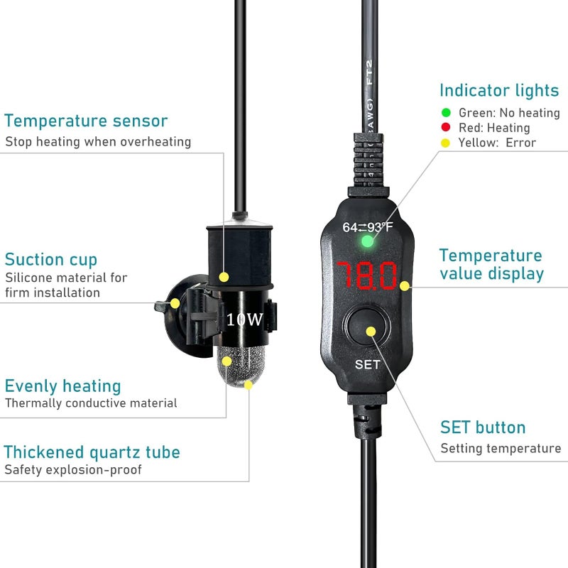 auomii Mini Submersible Aquarium Heater, 25/50/100/150/200/300 Watts Adjustable Fish Tank Heater, Built-in Thermometer, External Temperature Controller, Smart Memory (10 Watts(USB)) - Image 4