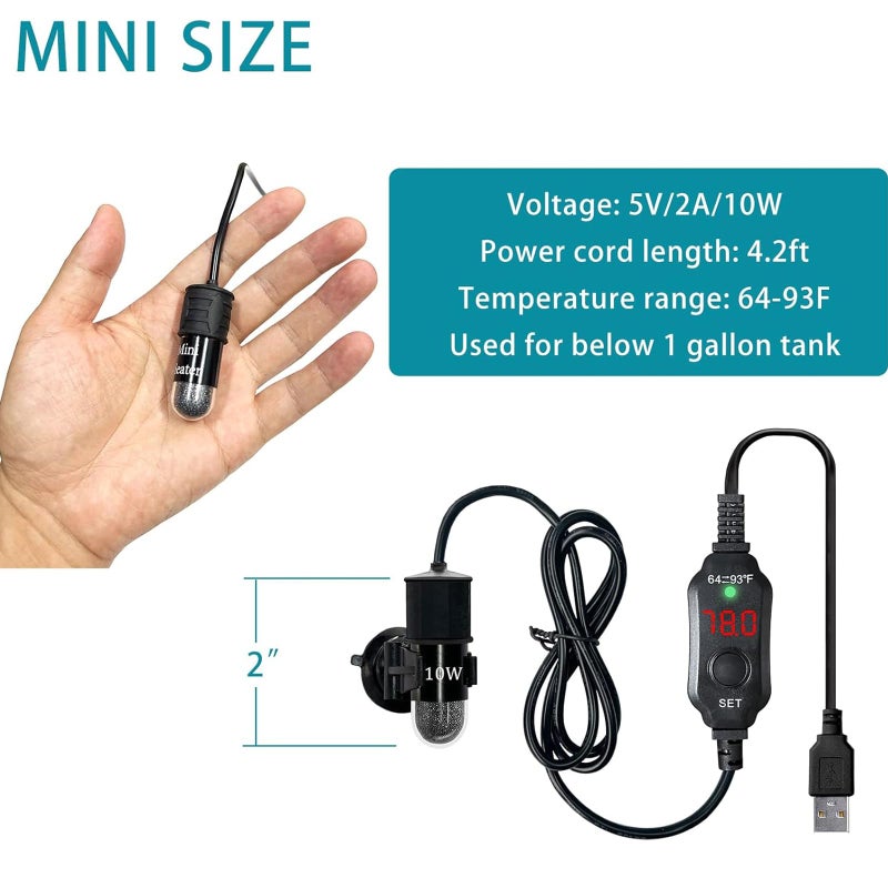 auomii Mini Submersible Aquarium Heater, 25/50/100/150/200/300 Watts Adjustable Fish Tank Heater, Built-in Thermometer, External Temperature Controller, Smart Memory (10 Watts(USB)) - Image 2