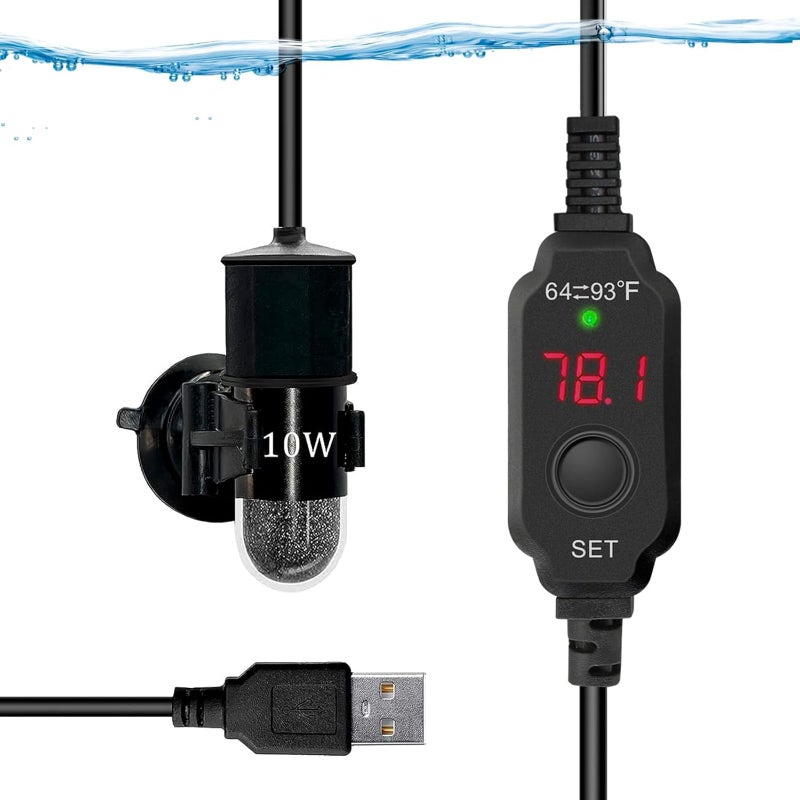 auomii Mini Submersible Aquarium Heater, 25/50/100/150/200/300 Watts Adjustable Fish Tank Heater, Built-in Thermometer, External Temperature Controller, Smart Memory (10 Watts(USB)) - Image 1
