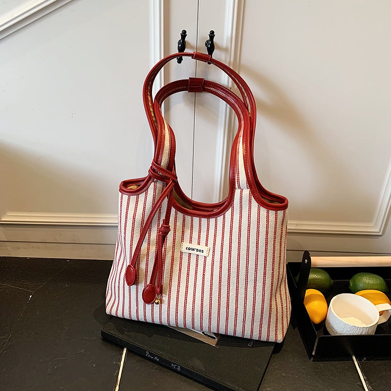 High-End Versatile Ins Tote Bag For Women 2025 Summer Niche Stripesd Simple Fashion Satchel Shoulder Bag