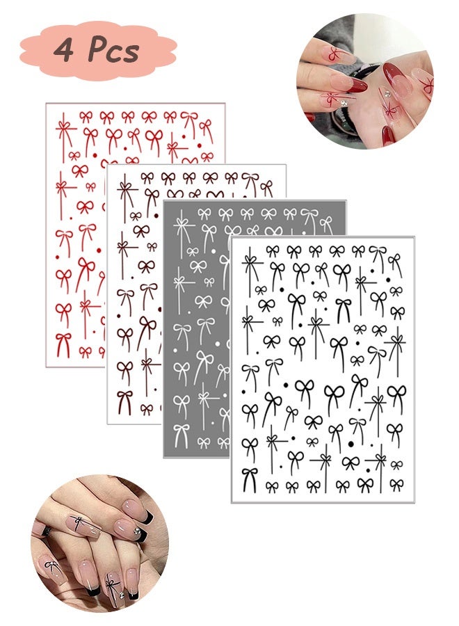 MXN 4 Pcs Belted Bow Nail Stickers - Self-Adhesive 3D Laser Glossy Cute Nail Decals for DIY Nail Manicure Decorations (White/Black/Red/Deep wine red) - Image 1