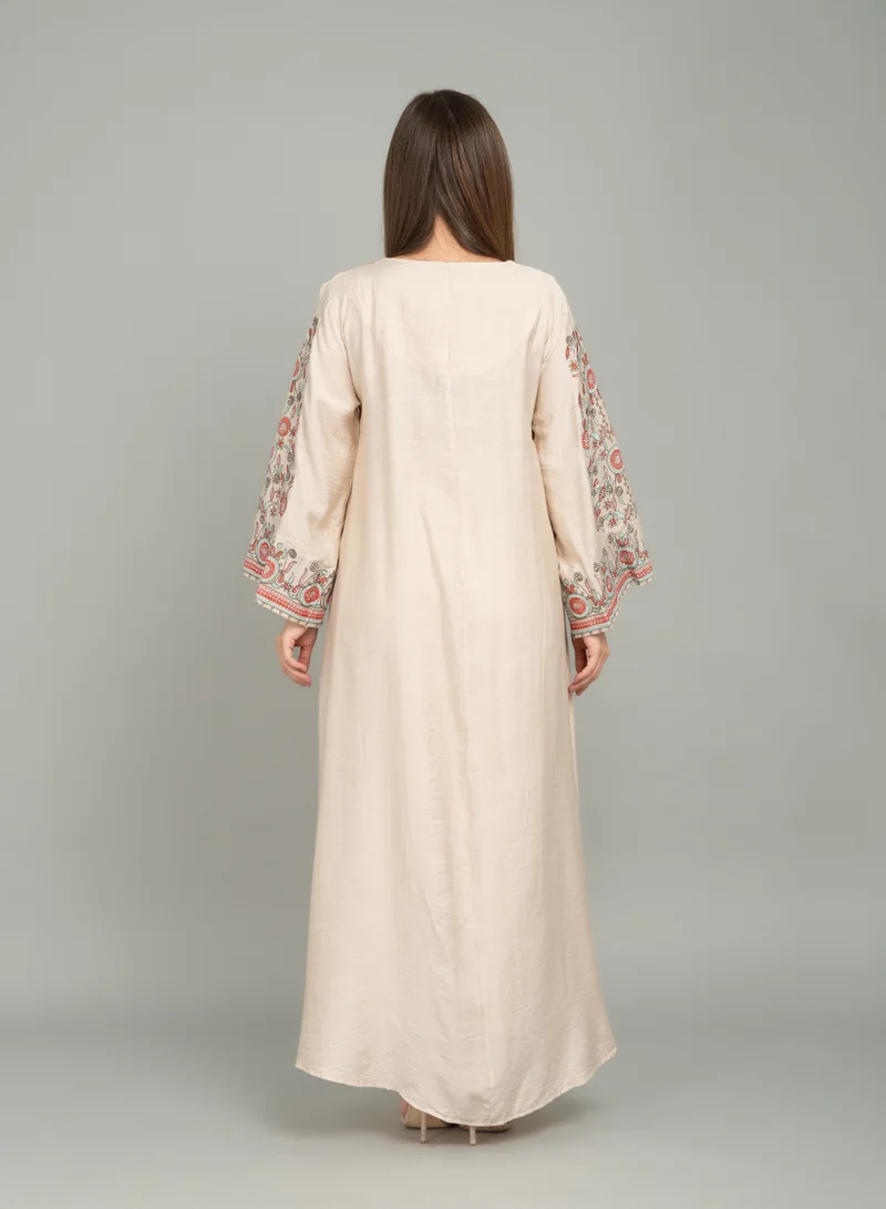 IKKXA Mandarin Collar Hand Embroidered Jalabiya CJ1035 Beige
