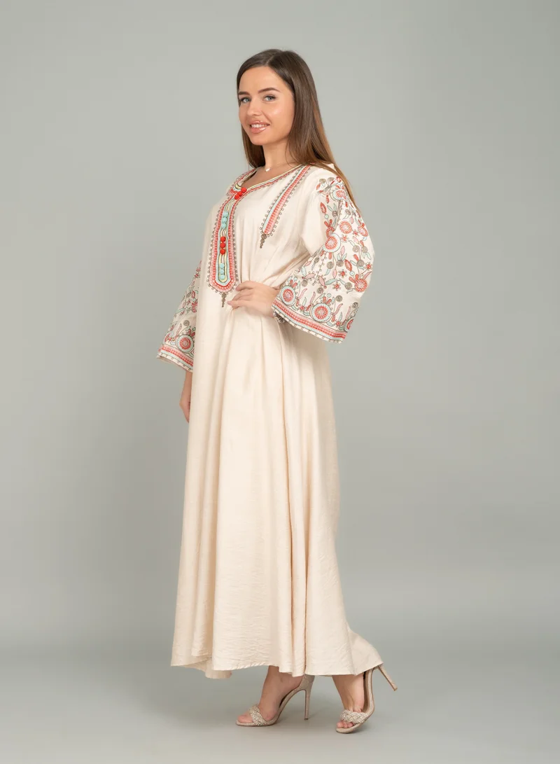 IKKXA Mandarin Collar Hand Embroidered Jalabiya CJ1035 Beige