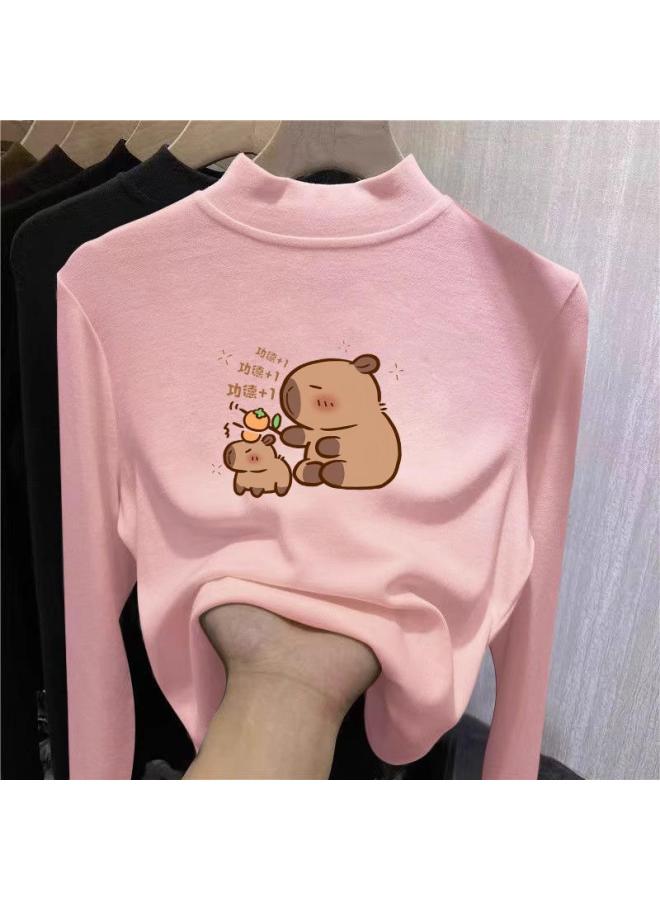 Girls' De Velvet Semi-high Collar Base Shirt For Big Children In Autumn And Winter Warm Inner De Velvet Long Sleeve - Image 3
