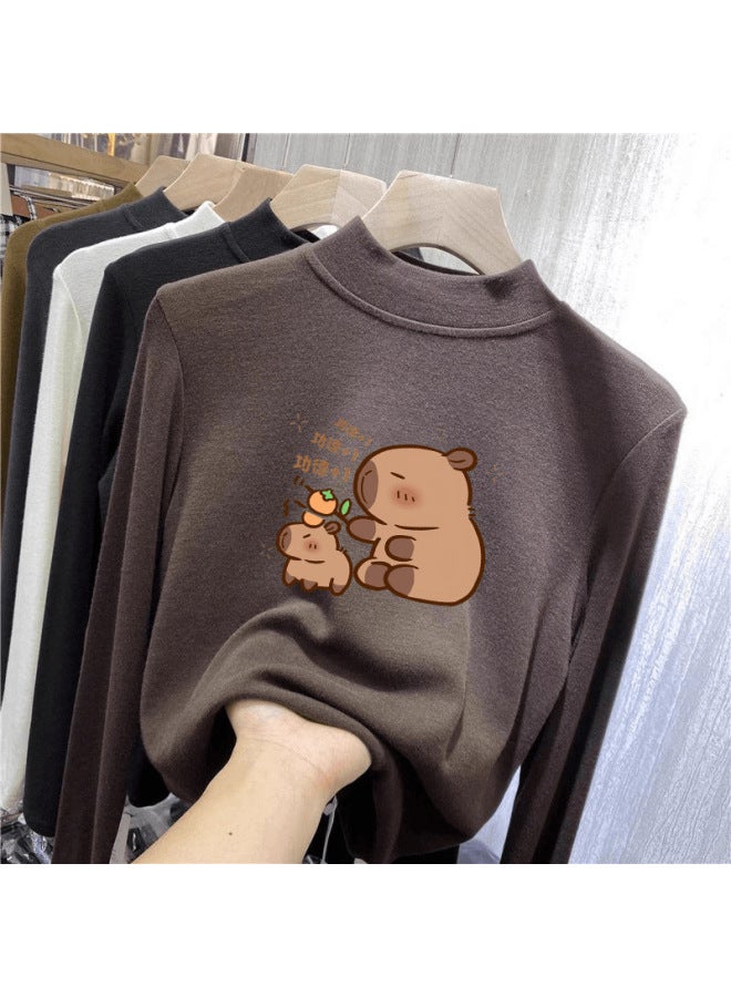 Girls' De Velvet Semi-high Collar Base Shirt For Big Children In Autumn And Winter Warm Inner De Velvet Long Sleeve - Image 1