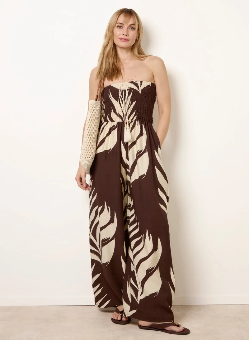بلو فانيلا Printed Bandeau Tie Neck Shirred Jumpsuit