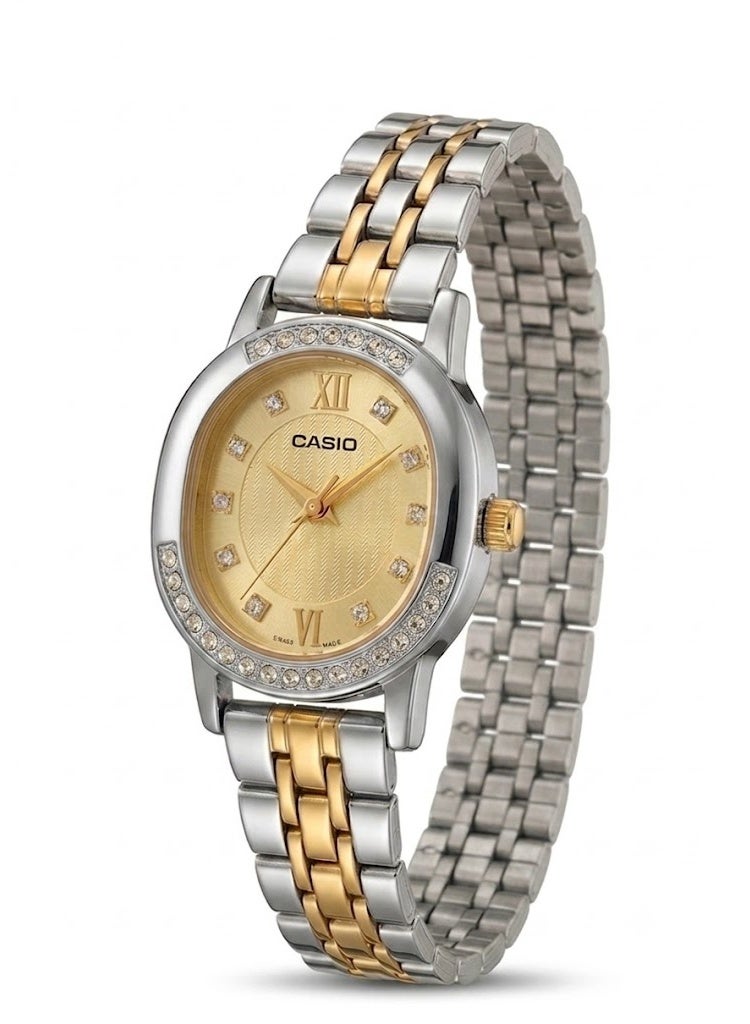 Casio Women's Two-Tone Dress Watch with Crystal Bezel, Gold Dial