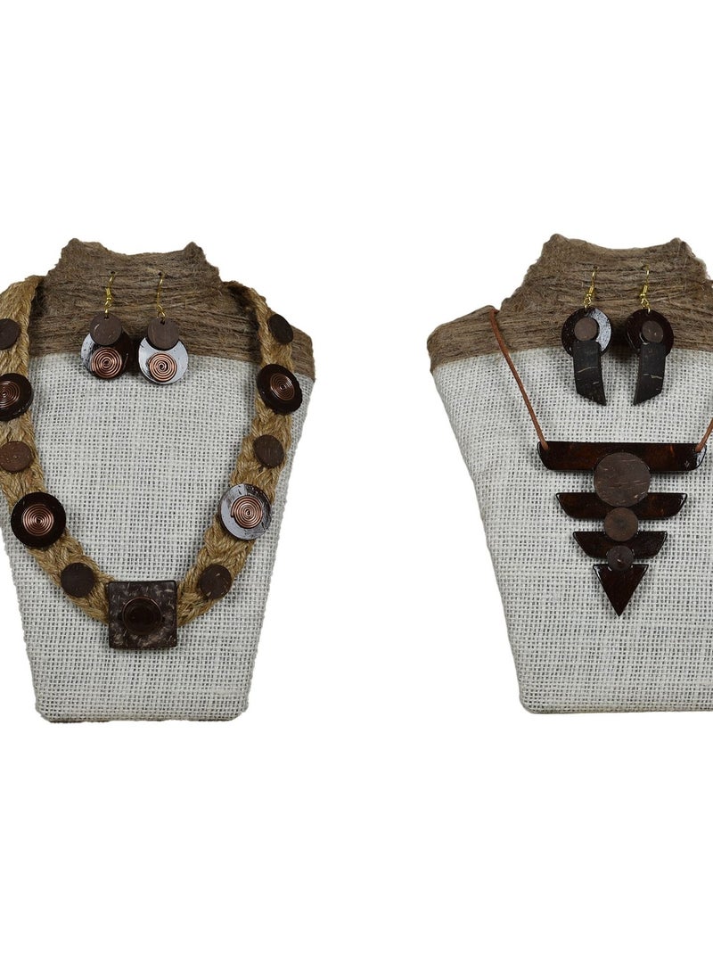 N & H N&H Handmade Coconut Wood Geometric Pattern with Jute Design Combo Necklace with Earrings, Combo Set of 2  - Image 1