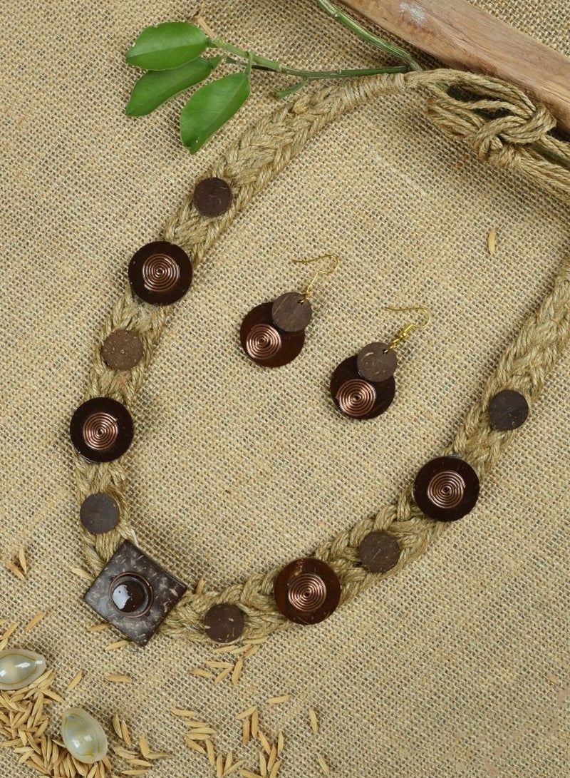 N & H N&H Handmade Coconut Wood Geometric Pattern with Jute Design Combo Necklace with Earrings, Combo Set of 2  - Image 5