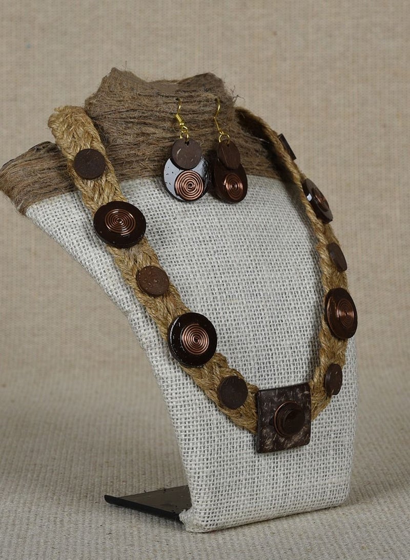N & H N&H Handmade Coconut Wood Geometric Pattern with Jute Design Combo Necklace with Earrings, Combo Set of 2  - Image 3