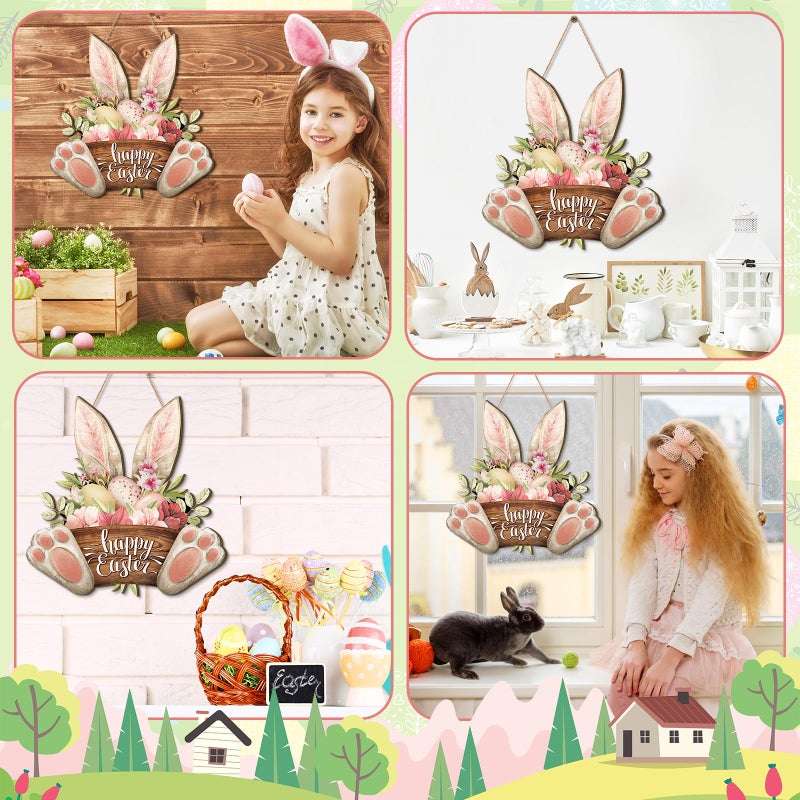 Barydat 1 Pcs Easter Wreaths for Front Door Bunny Welcome Wood Sign Door Hanger Spring Decorations Easter Hanging Plaque Rabbit Sign Decorations for Home Shop Garden (11.81 Inch) - Image 5