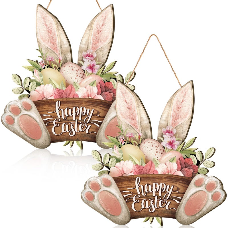 Barydat 1 Pcs Easter Wreaths for Front Door Bunny Welcome Wood Sign Door Hanger Spring Decorations Easter Hanging Plaque Rabbit Sign Decorations for Home Shop Garden (11.81 Inch) - Image 1