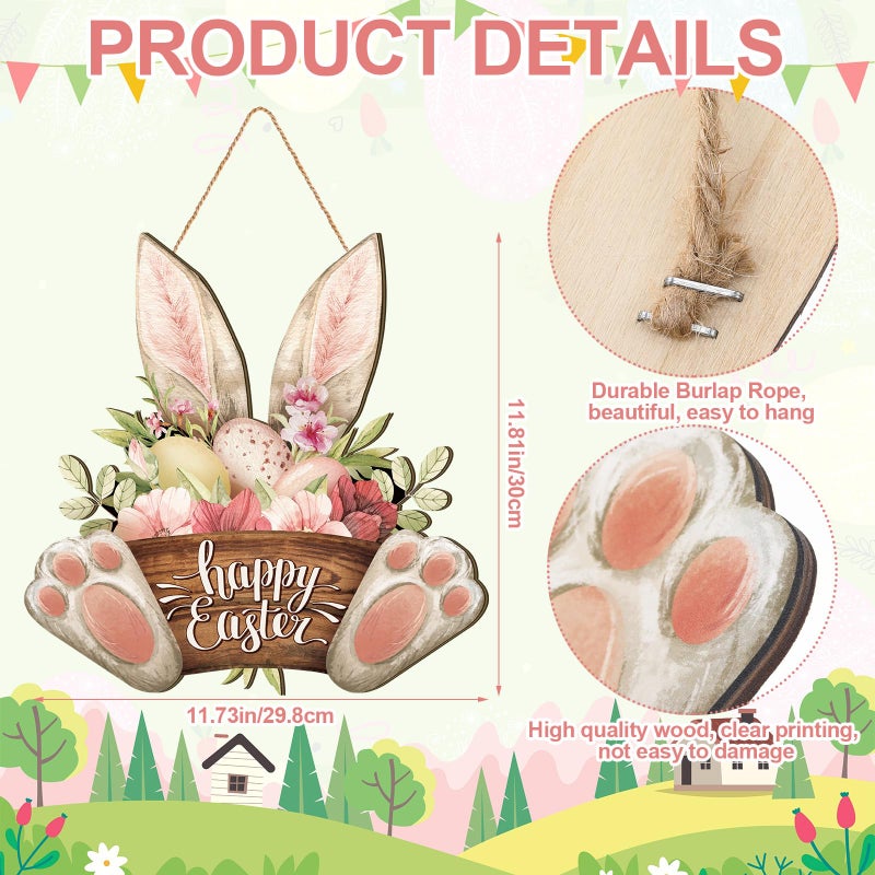 Barydat 1 Pcs Easter Wreaths for Front Door Bunny Welcome Wood Sign Door Hanger Spring Decorations Easter Hanging Plaque Rabbit Sign Decorations for Home Shop Garden (11.81 Inch) - Image 3