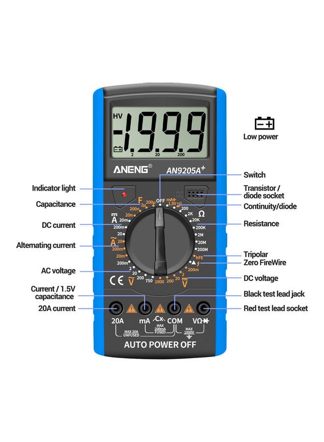NIBEMINENT Aneng An9205a+True-rms Digital Multimeter Transistor Tester Capacitor Automotive Electrical Capacitance Meter Temp Diode blue 15*15*15cm - Image 2