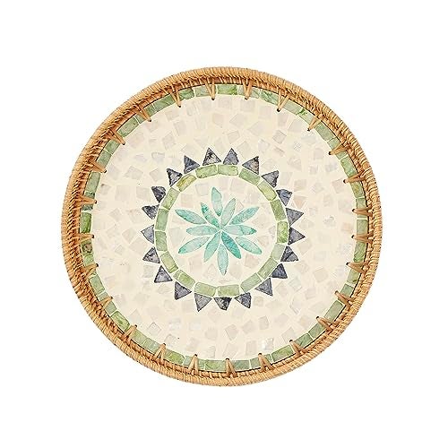 Kmelep Round Rattan Tray with Mother of Pearl Inlay, Rattan Serving Tray with Wooden Base, Decorative Wicker Basket for Table Decor, Storage and Display of Coffee Bread Food Fruit (Bohemia) - Image 1
