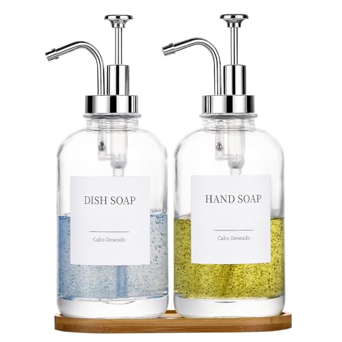 Cabo Deseado Glass Soap Dispenser with Pump, Dish and Hand Soap Dispenser for Kitchen Bathroom Set, Clear Glass Dispenser Set of 2 Pack with 18 Stickers Funnel Bamboo Tray 500ml 18oz / Each Bottle Sliver Pump - Image 1