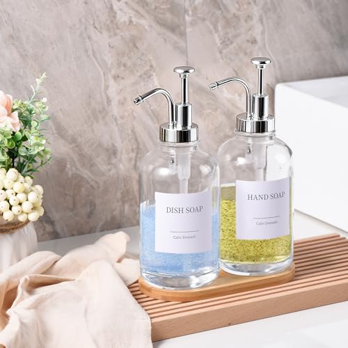 Cabo Deseado Glass Soap Dispenser with Pump, Dish and Hand Soap Dispenser for Kitchen Bathroom Set, Clear Glass Dispenser Set of 2 Pack with 18 Stickers Funnel Bamboo Tray 500ml 18oz / Each Bottle Sliver Pump - Image 2