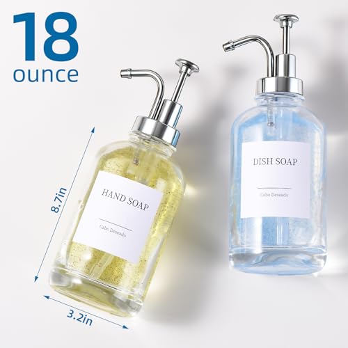 Cabo Deseado Glass Soap Dispenser with Pump, Dish and Hand Soap Dispenser for Kitchen Bathroom Set, Clear Glass Dispenser Set of 2 Pack with 18 Stickers Funnel Bamboo Tray 500ml 18oz / Each Bottle Sliver Pump - Image 3