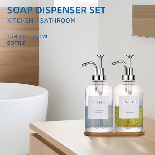 Cabo Deseado Glass Soap Dispenser with Pump, Dish and Hand Soap Dispenser for Kitchen Bathroom Set, Clear Glass Dispenser Set of 2 Pack with 18 Stickers Funnel Bamboo Tray 500ml 18oz / Each Bottle Sliver Pump - Image 4