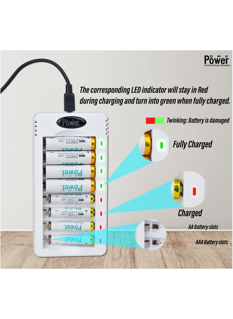 DMK Power DMK Power Rechargeable AA Batteries, 8 Pack of 2800mAh High Capacity Low Self Discharge Ni-MH Double A Batteries with Smart 8 Bay Battery Charger (USB Fast Charging, Independent Slot)- (TC-Q8+AAx8)  - Image 5
