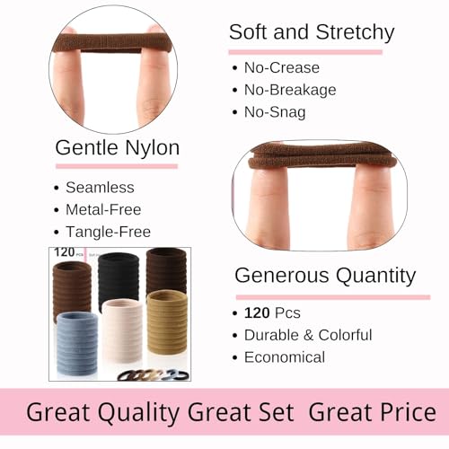 LuSeren 120 Pcs No Damage Hair Ties for Thick Hair, Large Soft Seamless Nylon Hair Elastics for Women, Ponytail Holders, Hair Accessories – Neutral Colors - Image 3