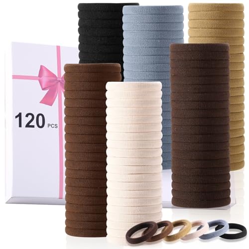 LuSeren 120 Pcs No Damage Hair Ties for Thick Hair, Large Soft Seamless Nylon Hair Elastics for Women, Ponytail Holders, Hair Accessories – Neutral Colors - Image 1