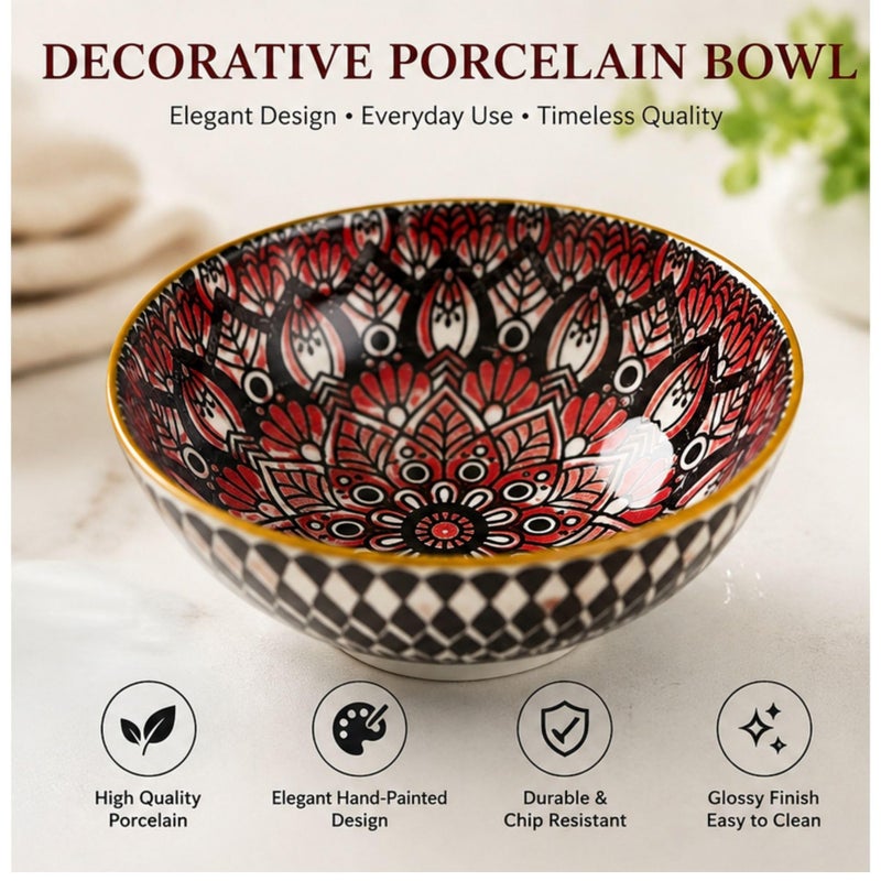 Decorative Porcelain Bowl, Hand-Painted Ceramic Serving Bowl, Premium Food-Safe Bowl for Soup, Salad, Rice, Dessert, Fruit, Snacks & Home Table Decor - Image 2
