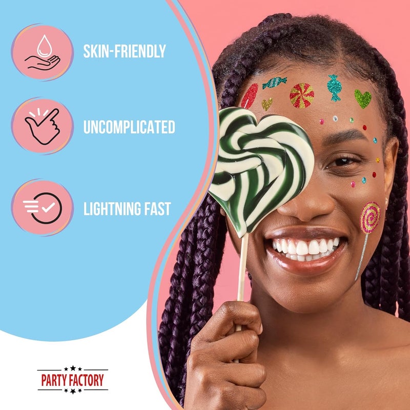 Party Factory Gulf climate fit Face Tattoo Candy Party, Temporary Glitter Face Tattoo for Theme Party, Halloween & Carnival, Children & Adults Strong durable raw material - Image 4