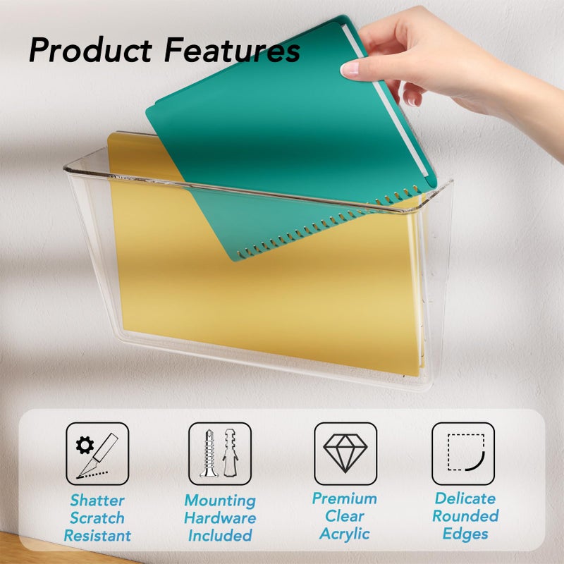 MaxGear Acrylic Wall File Organizer 4 Pockets Hanging File Holder Clear Wall Mounted Mail Organizer Holders for School, Office and Home, 13x4x7 inches - Image 4