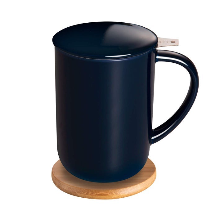 PORCELAIN TEA MUG WITH INFUSER AND LID TEAWARE WITH FILTER AND COASTER LOOSE LEAF TEA CUP STEEPER MAKER 16 OZ FOR TEACOFFEEMILKWOMENOFFICEHOMEGIFT NAVY BLUE