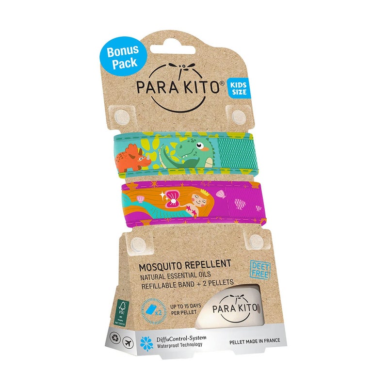 PARA'KITO Mosquito Repellent Pack - 2 Kids Wristbands & 2 Refills Green Dinosaur/Mermaid - Image 2
