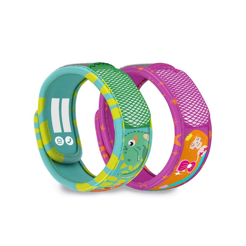 PARA'KITO Mosquito Repellent Pack - 2 Kids Wristbands & 2 Refills Green Dinosaur/Mermaid - Image 1
