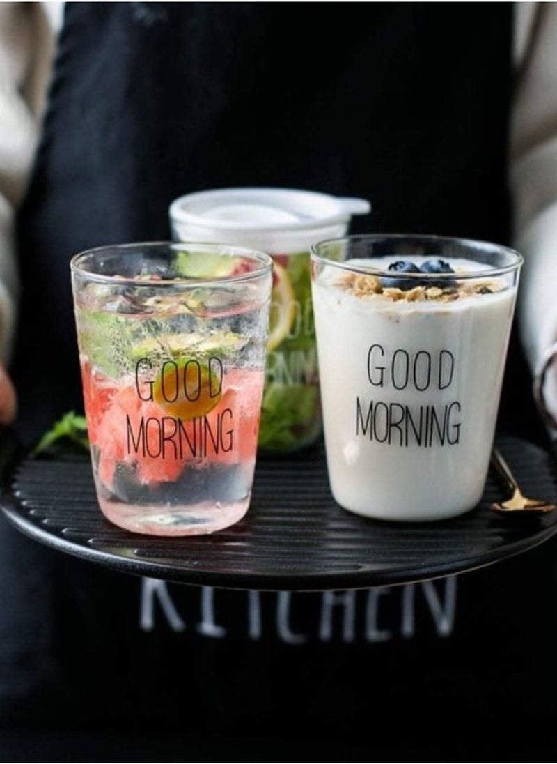 1Chase - Borosilicate Good Morning Printed Glass Cup for Juice Tea Coffee and  for everyday use 400 ML  Set of 2 - Image 1