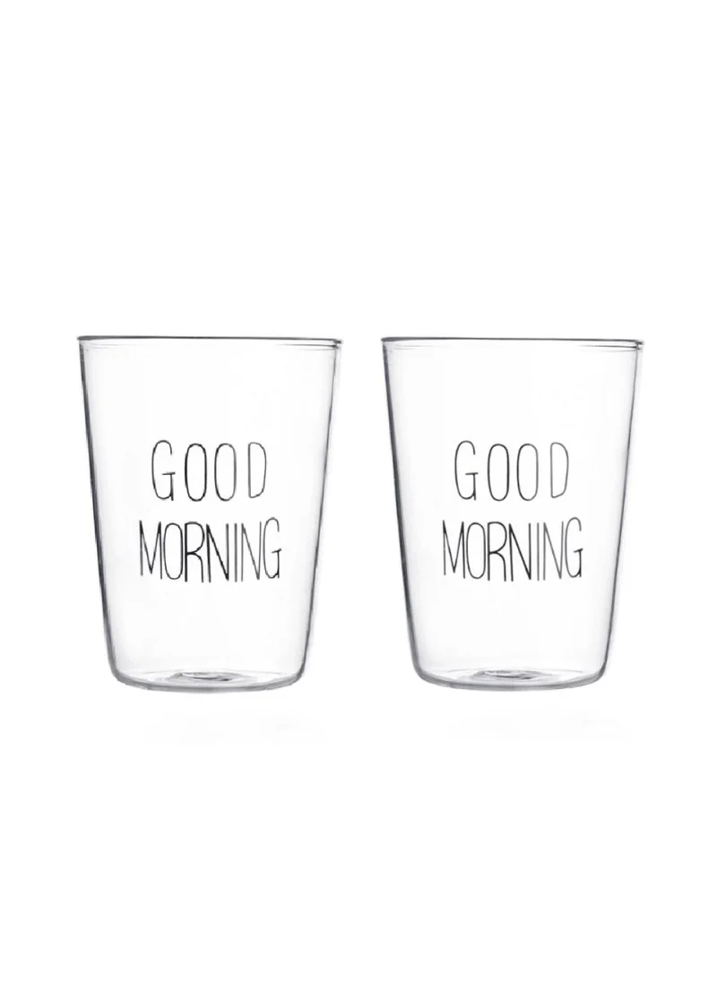 1Chase Borosilicate Good Morning Printed Glass Cup for Juice Tea Coffee and  for everyday use 400 ML  Set of 2