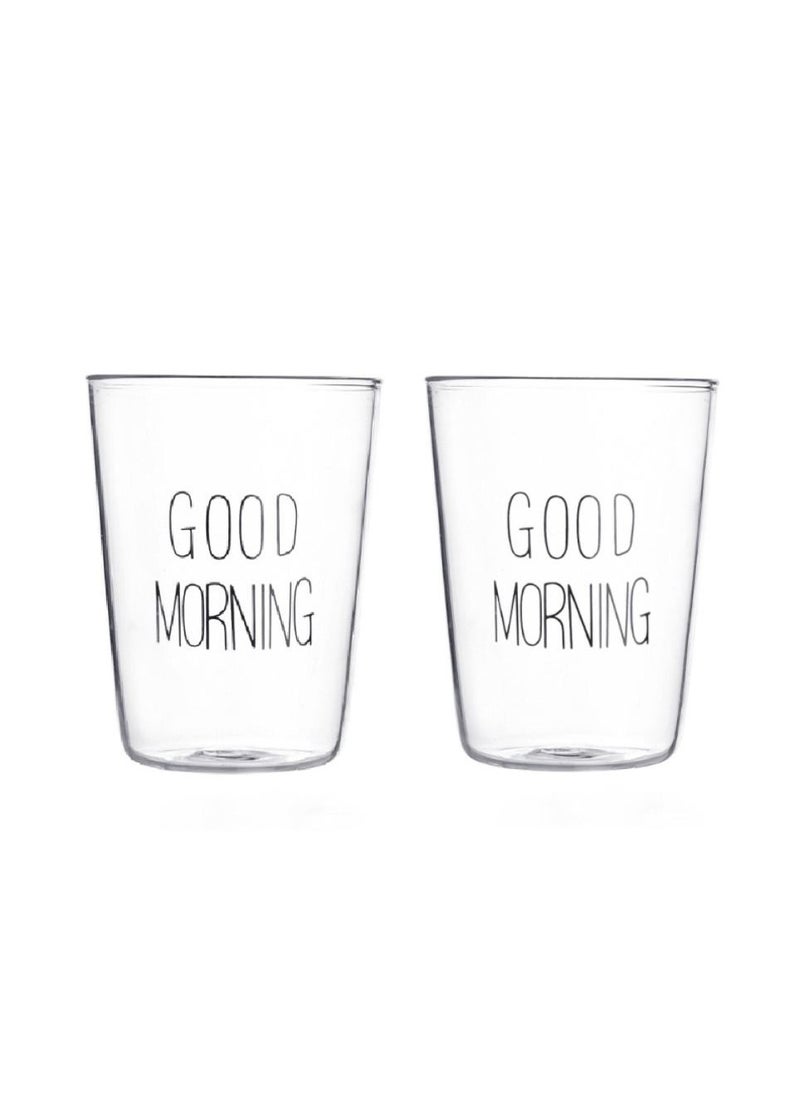 1Chase - Borosilicate Good Morning Printed Glass Cup for Juice Tea Coffee and  for everyday use 400 ML  Set of 2 - Image 1