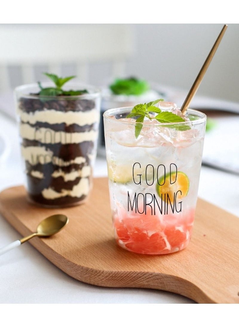 1Chase - Borosilicate Good Morning Printed Glass Cup for Juice Tea Coffee and  for everyday use 400 ML  Set of 2 - Image 1