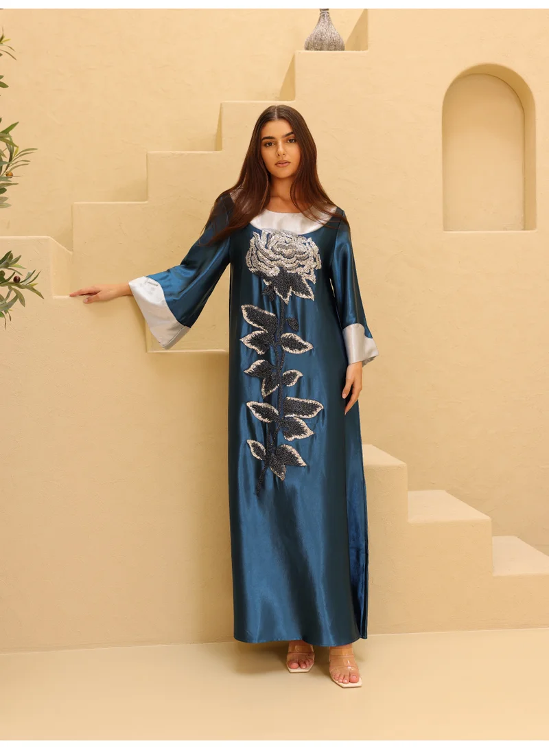 IKKXA Elegant Shimmer Fabric Big Flower Design Modern Sleeves IK1035 Blue