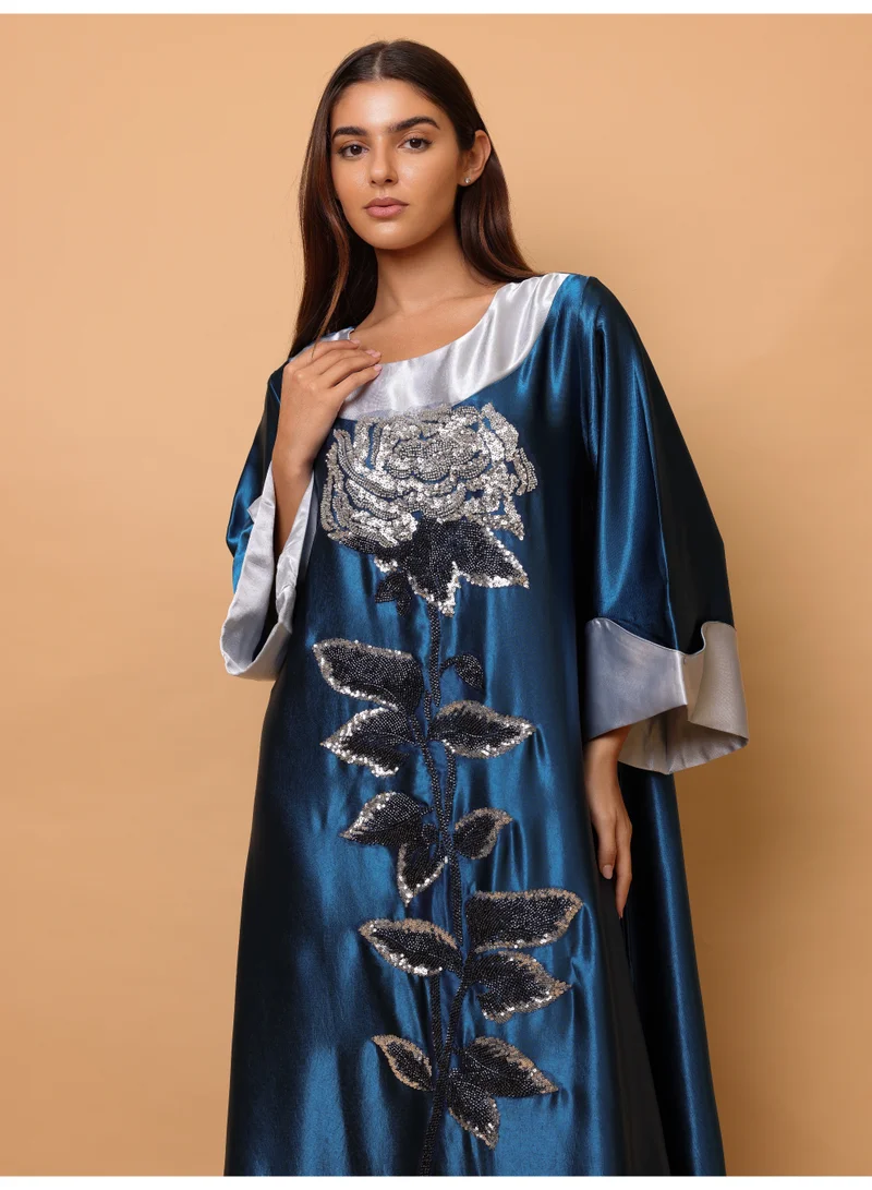 IKKXA Elegant Shimmer Fabric Big Flower Design Modern Sleeves IK1035 Blue