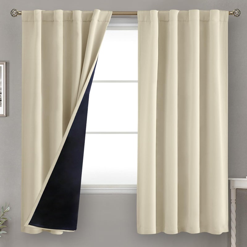 BGment Beige 100% Blackout Curtains 63 Inches Long with Thermal Insulated Liner  Rod Pocket and Back Tab Double Layer Full Room Darkening Window Curtain for Bedroom  2 Panels Each 38 x 63 Inch - Image 1
