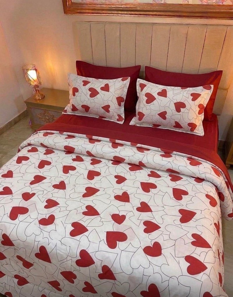 Amreya Cotton 6 Piece Crib Sheet Set - Large Size (2 Meter x 275 cm) for 2 Beds - Cartoon Delight - Includes 2 Sheet, 2 Pillow Cases and 2 Pillow Cases - Made in Egypt (Red Hearts Shapes)