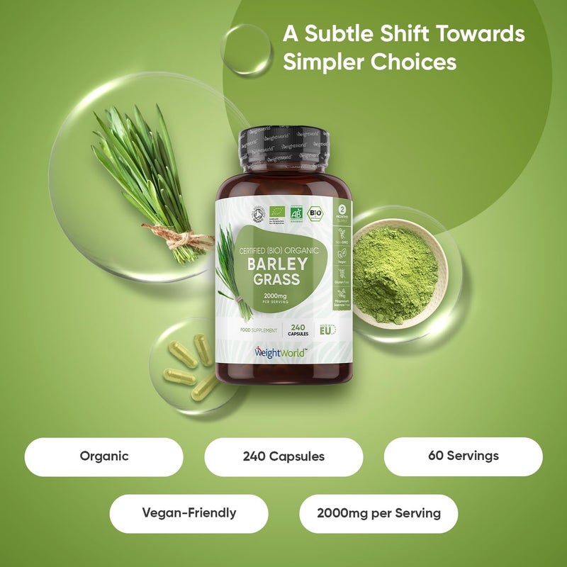 WeightWorld كبسولات مسحوق عشب الشعير العضوي 2000 ملغ - 240 كبسولة - إمداد لمدة شهرين - مصدر جيد لفيتامين أ، ج، ك و ب - نباتي وخالي من الغلوتين - كبسولات مسحوق عصير عشب الشعير للرجال والنساء - Image 2