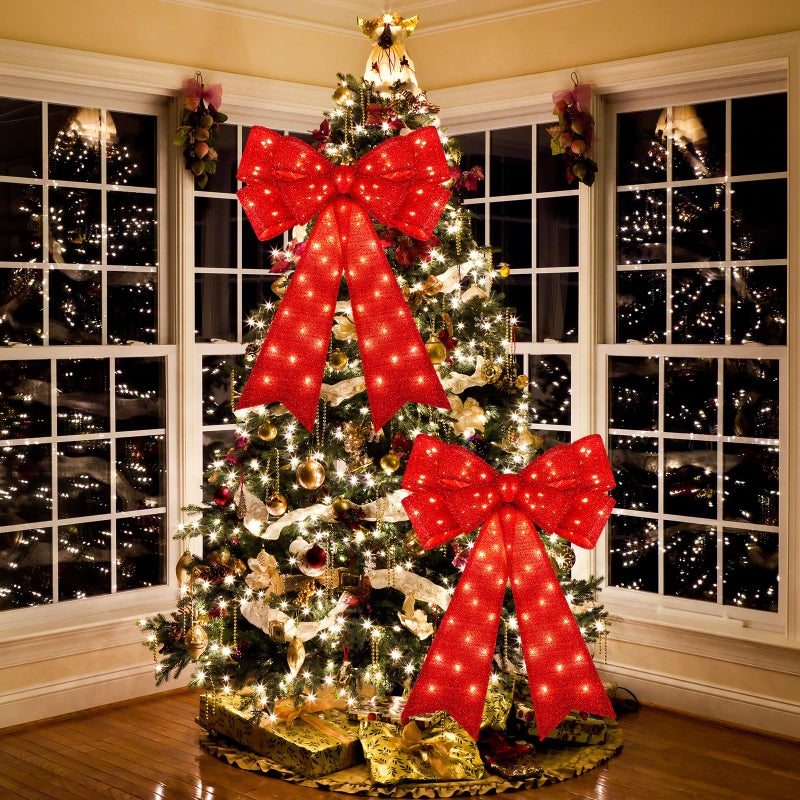 Liliful 2 Pieces 18 x 32 in LED Christmas Wreath Bows Extra Large Bows 72 LED Lights Wreath Huge Bow Door Wall Xmas Tree Top Decor for Indoor Outdoor Winter Xmas Party