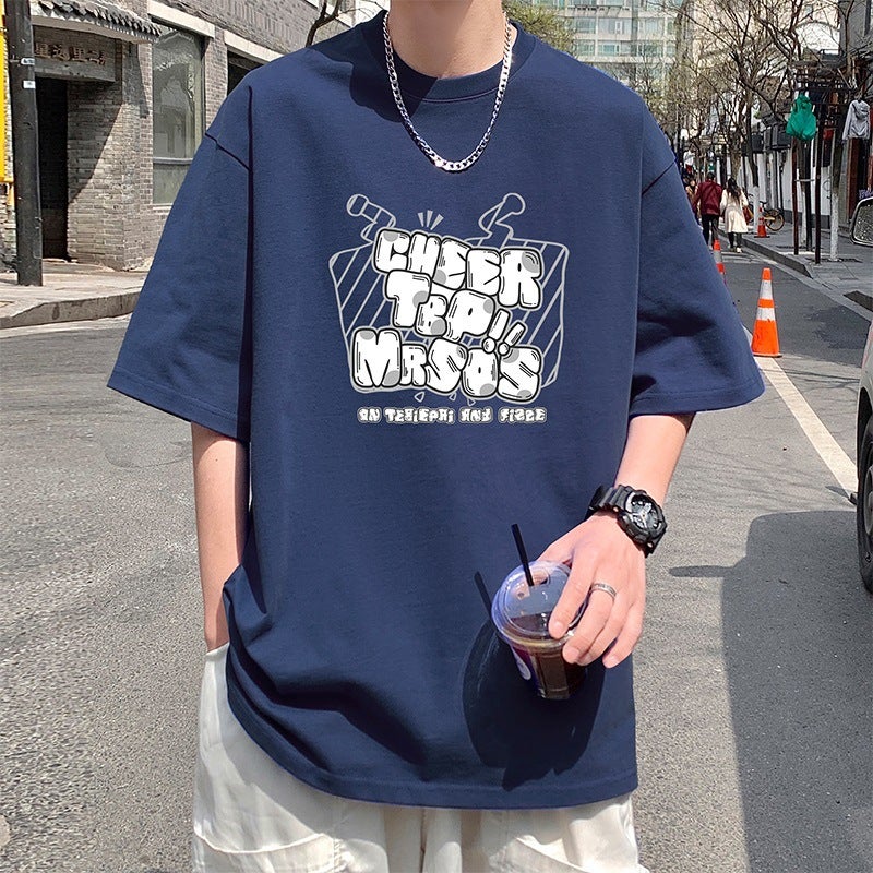 Short-Sleeved T-Shirt Men'S Summer Hong Kong Style Pure Cotton Men'S Oversize Half-Sleeved American-Style High Street T-Shirt - Image 1