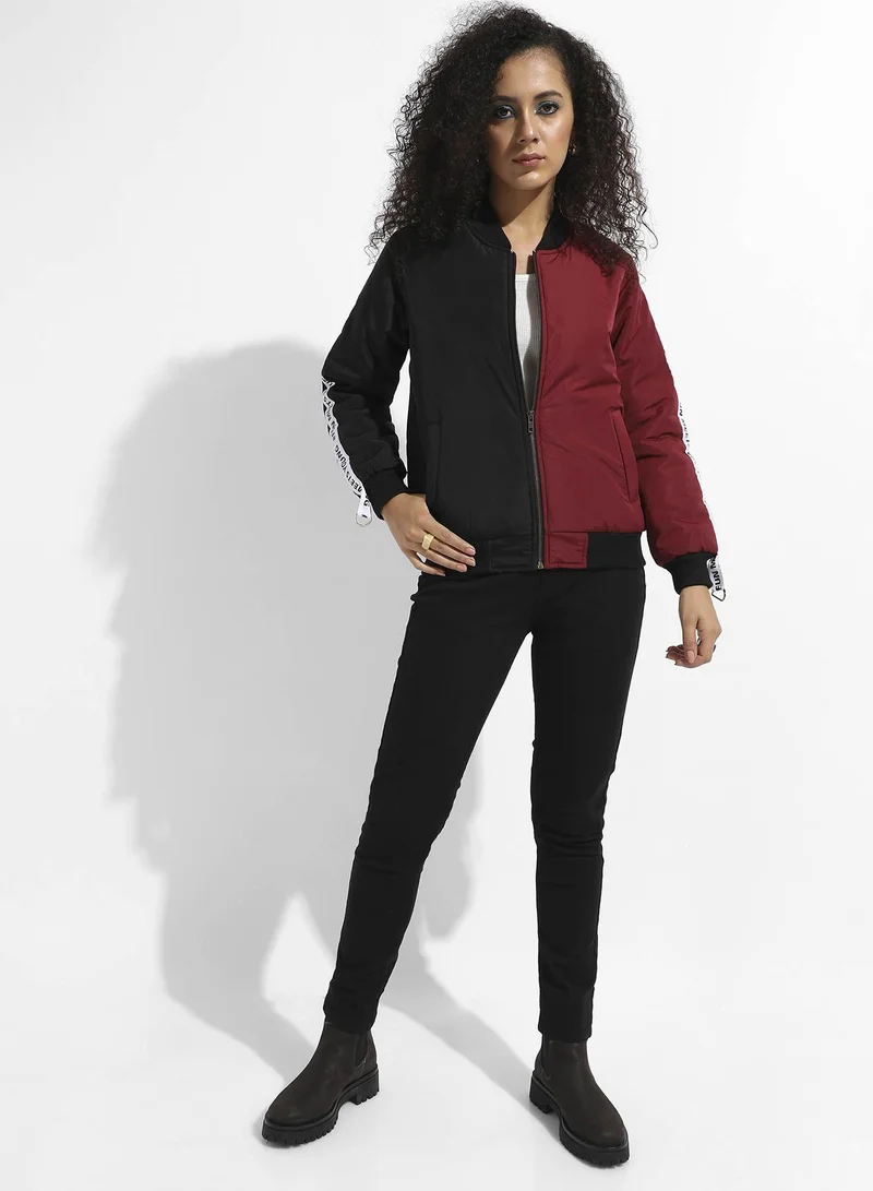 Campus Sutra Women's Black & Maroon Zip-Front Colourblock Bomber Jacket