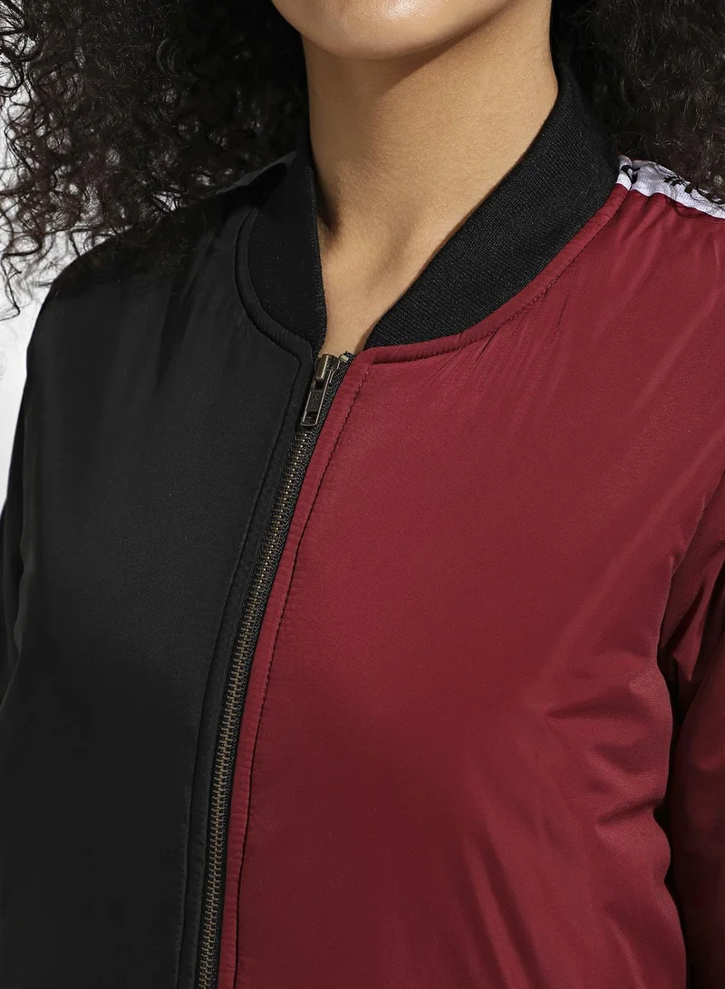 Campus Sutra Women's Black & Maroon Zip-Front Colourblock Bomber Jacket