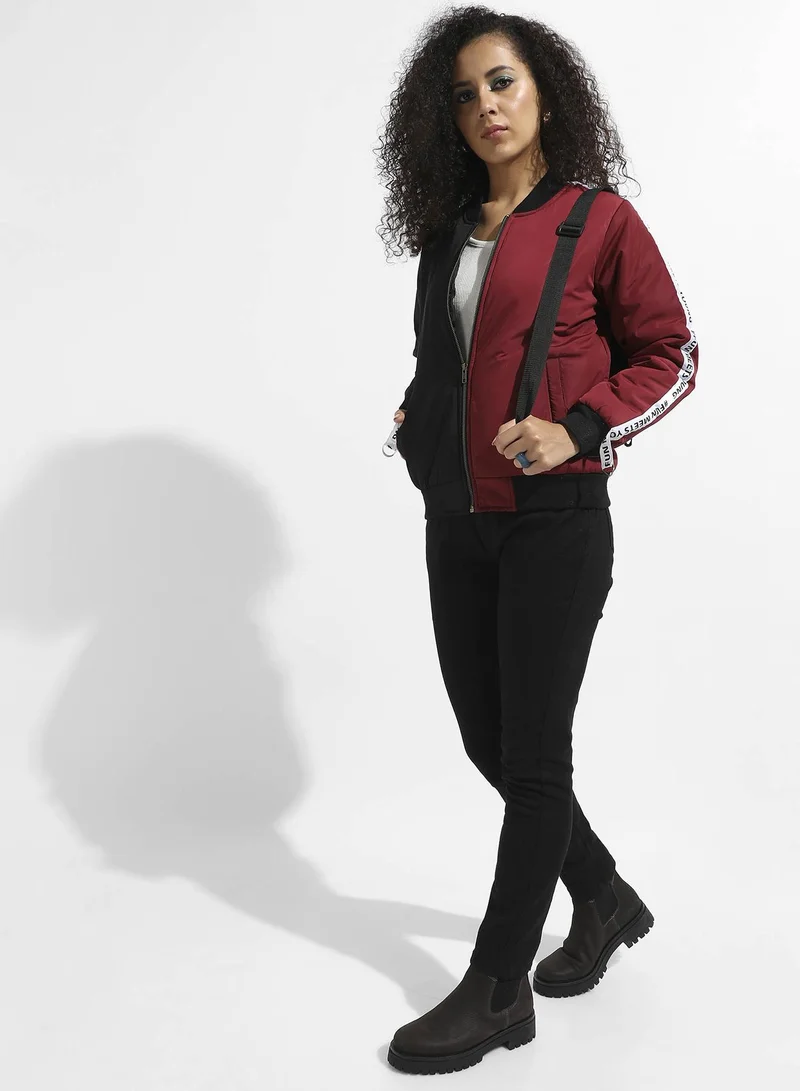 Campus Sutra Women's Black & Maroon Zip-Front Colourblock Bomber Jacket