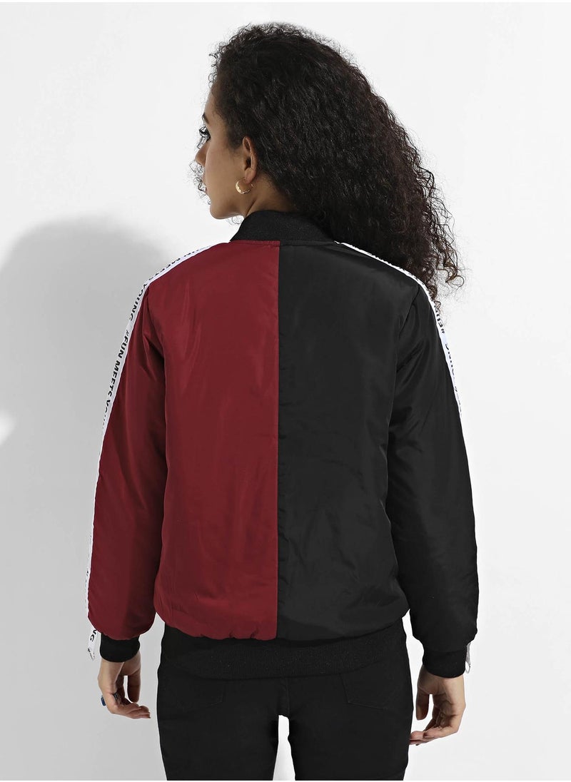 Campus Sutra Women's Black & Maroon Zip-Front Colourblock Bomber Jacket  - Image 5