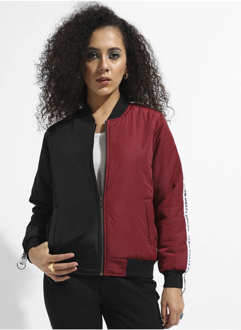 Campus Sutra Women's Black & Maroon Zip-Front Colourblock Bomber Jacket  - Image 2